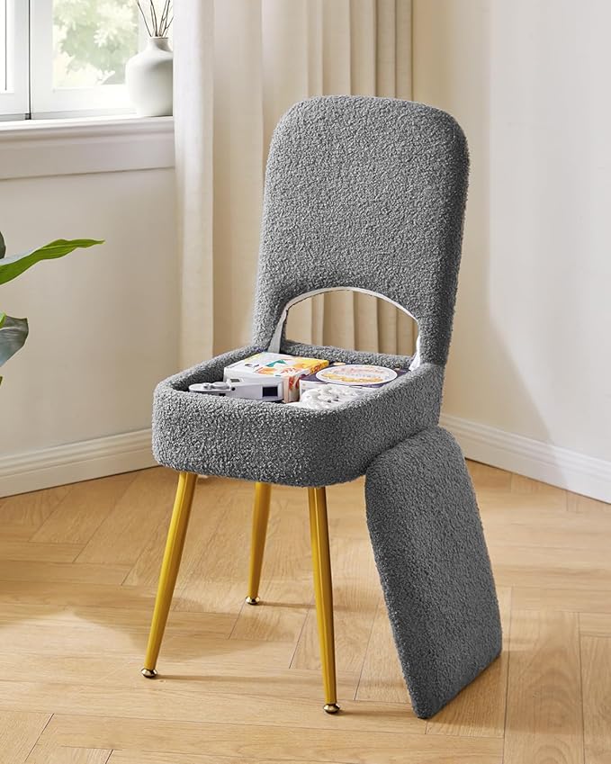 IBUYKE Small Storage Vanity Stool with Folding Backrest, 12.99" x 13.78" x 31.5" Square Teddy Velvet Ottoman, Makeup Chair for Living Room, 4 Metal Legs with Anti-Slip Feet, Gray WBD027G