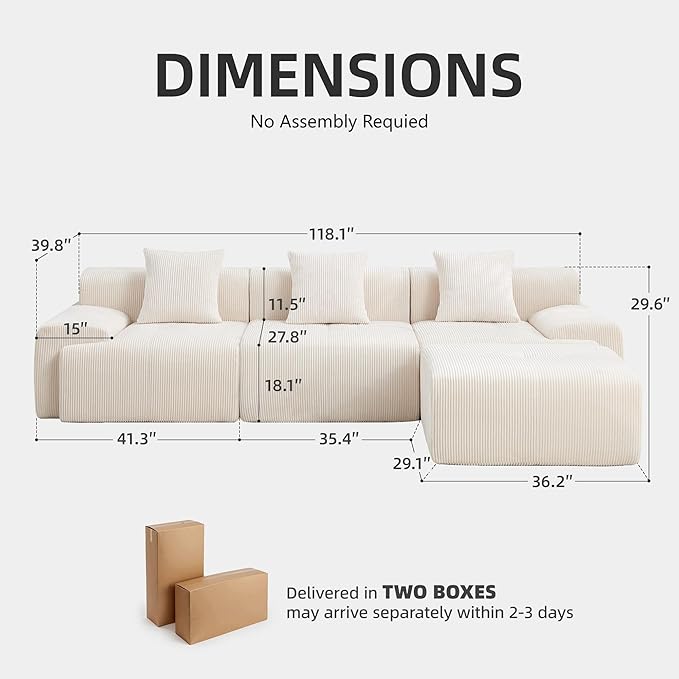 118" Modern L-Shaped Modular Sectional Sofa, Boneless Modular Couches for Living Room, Corduroy Upholstered Sofa with Deep Seat, Oversized 3-Seater Cloud Sectional Couch, No Assembly, Beige