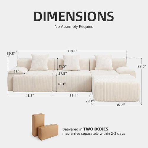 118" Modern L-Shaped Modular Sectional Sofa, Boneless Modular Couches for Living Room, Corduroy Upholstered Sofa with Deep Seat, Oversized 3-Seater Cloud Sectional Couch, No Assembly, Beige