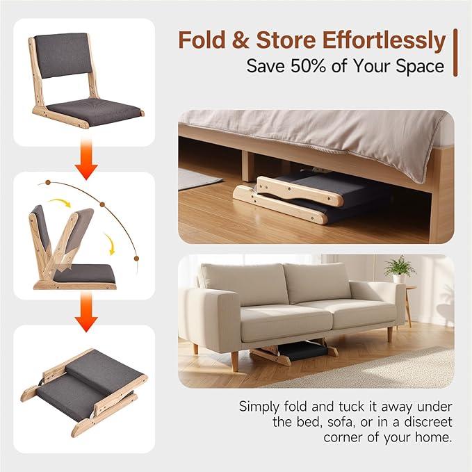 Tiita Foldable Tatami Chair, Japanese loor Chair, Wood Legless Back Rest Chairs with Cushion, Accent Meditation Floor Chairs Bay Window, Wood Dark Grey