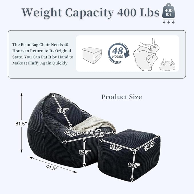 Ultra Soft Bean Bag Chair for Adults with Ottoman, Oversized Floor Sofa for Living Room, Gaming, Lounging, Napping (Black)