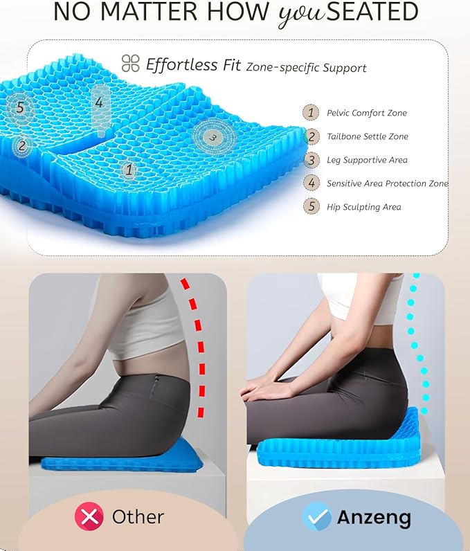 Anzeng Gel Seat Cushion for Long Sitting, Gel Cushion for Pressure Relief, Soft & Breathable, Chair Cushion for Office Chair, Car, Wheelchair, Seat Cushion with Non-Slip Black Cover
