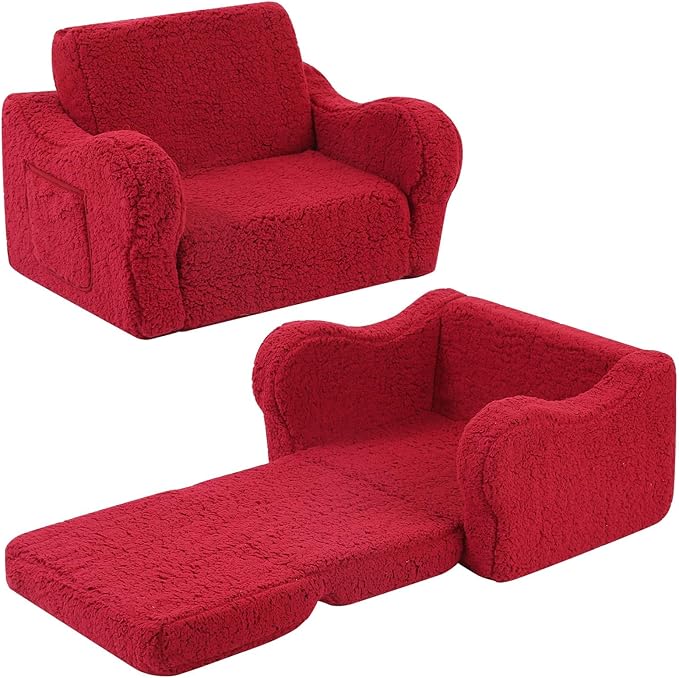 Kids Sofa, 2-in-1 Flip-Out Foam Couch with Soft Sherpa Cover, Cozy Play Lounge Chair, Red