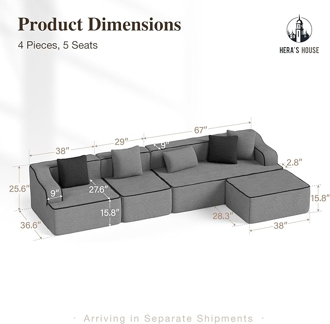 HERA'S HOUSE 134" Cloud Sectional Couch, L-Shaped Modular Upholstered Sofa with Ottoman, Corduroy Boneless Couches with Wide Armrest and 5 Throw Pillows for Living Room, No Assembly Required, Grey