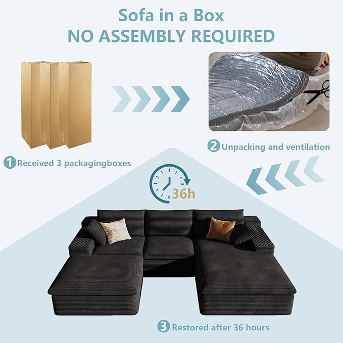 107" Cloud Sectional Couch with U-Shaped Chaise,Corduroy Viral Boneless Sofa with Ottoman,Memory Foam Couches in a Box with Deep Seat for Living Room,No Assembly Required (Black,Right-Facing Chaise)