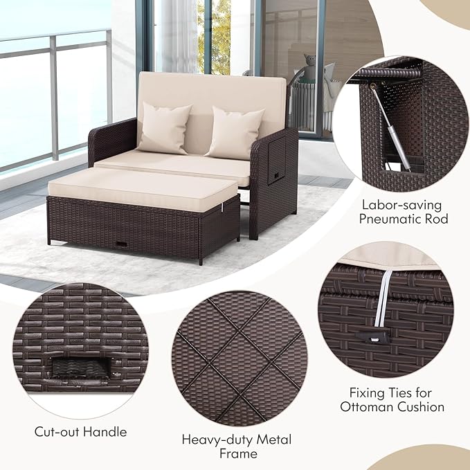 RELAX4LIFE Wicker Patio Outdoor Daybed - Rattan Day Bed Lounger with Loveseat & Storage Ottoman, Sunbed Sofa Set w/Cushions, 4-Level Adjustable Backrest & 2 Retractable Trays, Patio Daybed (Beige)