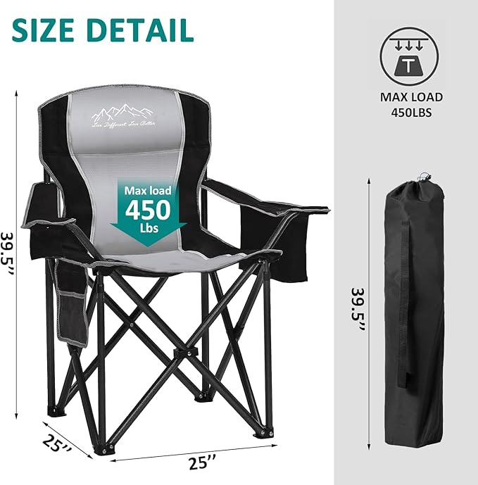 SAILARY Camping Chair Heavy Duty High Back Folding Chair with Cup Holder, 450lbs Capacity, Padded Seat, Cooler Bag & Storage Pocket, Portable for Outdoor, Beach, Fishing, Sports, 2 Pack Black