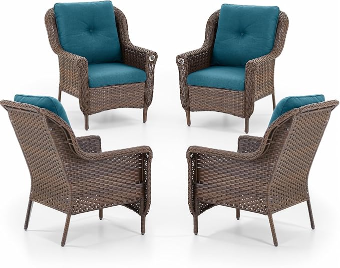 ACTREST Patio Wicker Chairs Outdoor Furniture Chair - Set of 4 Outside All Weather Lawn Dining Brown Rattan Armchair with High Back&Deep Seating for Deck Porch Balcony Backyard Garden - Peacock Blue