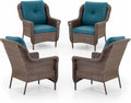 ACTREST Patio Wicker Chairs Outdoor Furniture Chair - Set of 4 Outside All Weather Lawn Dining Brown Rattan Armchair with High Back&Deep Seating for Deck Porch Balcony Backyard Garden - Peacock Blue