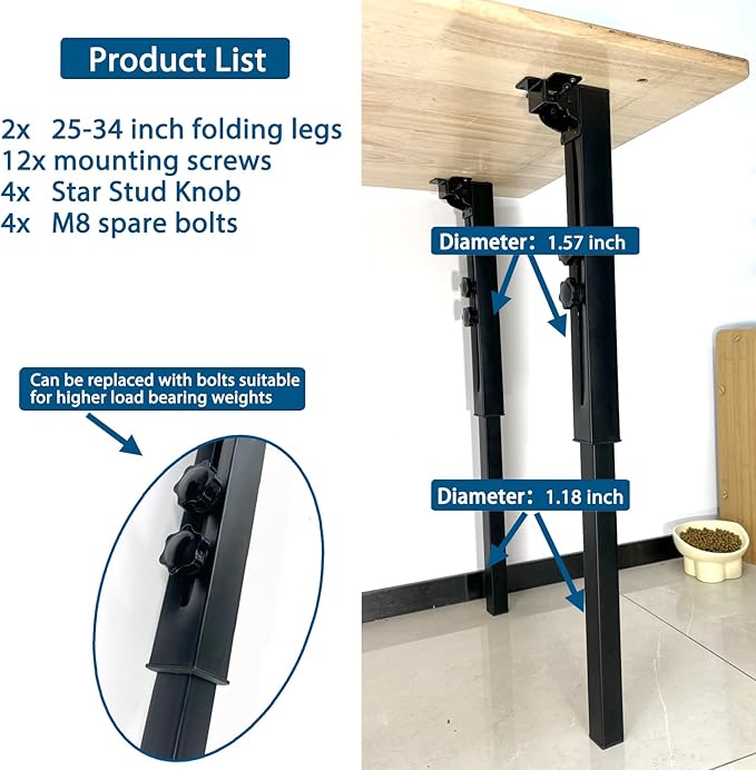Benbuoo Adjustable Folding Table Legs 25-34", Heavy Duty Metal, Set of 2 | Height Adjustable, Foldable, Sturdy | for DIY Desks, Computer Tables, Office Workstations, RV Camping, Outdoor Furniture