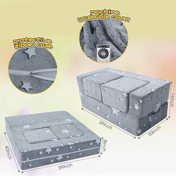 MeMoreCool Modular Kids Play Couch Sofa – Glow-in-The-Dark Star Design, Fold-Out Toddler Couch for Playroom Furniture, Grey