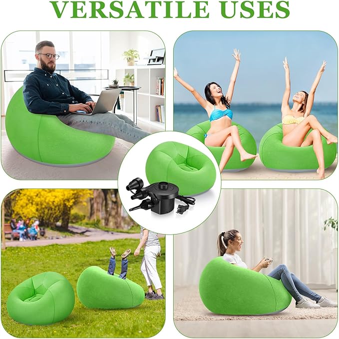 Realspring 2 Pcs Inflatable Bean Bag Chairs with Electric Air Pump Outdoor Blow up Chair Inflatable Lazy Sofa Folding Portable Loungers Couch for Living Room Bedroom(Green)