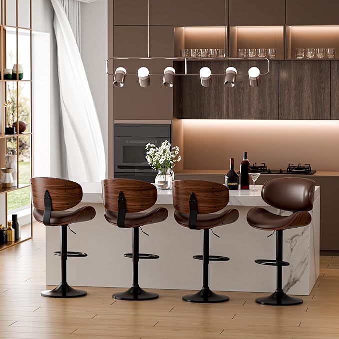 Aowos Bar Stools Set of 3, Adjustable Swivel Barstools Mid-Century Modern PU Leather Counter Height Bar Stool, Kitchen Island Barstools with Back (Brown)