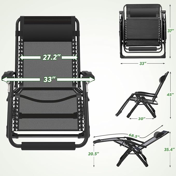ZENPETIO Oversized Zero Gravity Chair, 33In XXL Zero Gravity Recliner Lounge Chair, Anti Gravity Chair for Indoor and Outdoor, Reclining Camping Chair for Lawn and Patio w/Cushion and Footrest, 500LBS