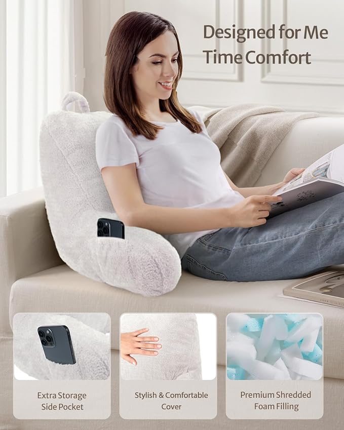 Blissful Diary Plush Velvet Reading Pillow for Kids/Teens/Adults, Back Rest Pillow for Sitting Up in Bed with Shredded Memory Foam, Includes Arms and Washable Cover, Pure White