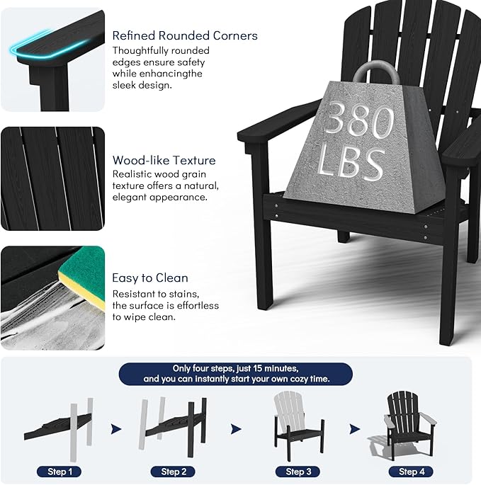 nevilywood Compact Stackable Adirondack Chairs Set of 4, 26.3" Wide HDPE Outdoor Patio Chairs - Durable, Space-Saving Design for Porch, Lawn or Garden, Black