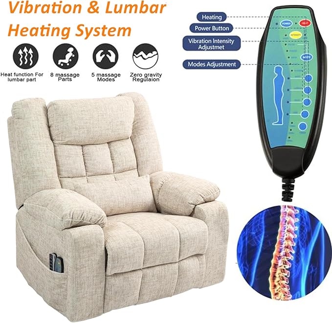 27in Extra Wide Recliner Chair for Big Man 400lbs, Oversized Power Lift Chair with Heat and Massage Hidden Cup Holder, Adjustable Headrest, Backrest, Lumbar & Footrest for Elderly, Cream
