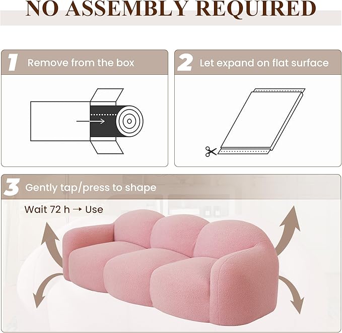 WJShome 90" Boneless Cloud Couch, Modern Curved Upholstered Boucle Sofa, Deep Seat Cozy 3 Seater Sofa, Plush Teddy Velvet Couches for Living Room, Bedroom, Apartment (Pink)