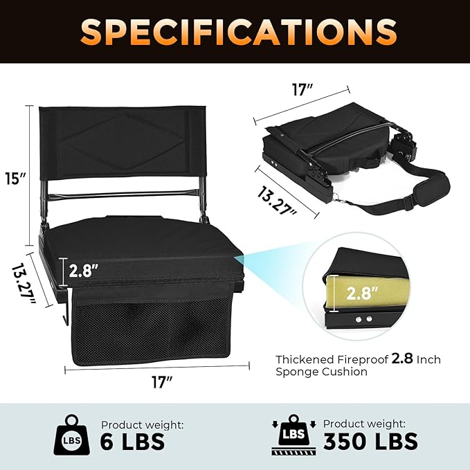 behairity Adjustable Stadium Seats with Back Support – 4-Position Reclining Bleacher Chairs with Padded Cushion, Foldable Portable Stadium Chair with Front Pocket and Shoulder Strap (Black)