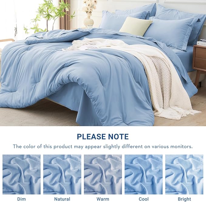 MUXHOMO 7 Pieces Full Comforter Set, Soft Bed in a Bag Full Size, All Season Bedding Set with Comforter, Flat Sheet, Fitted Sheet, Pillowcases & Shams, Greyish Blue