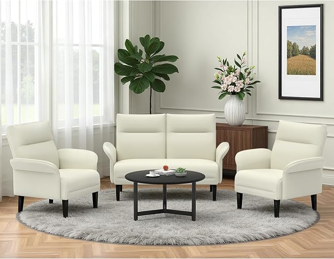 3-Piece Symmetrical Shawl Arm Sofa Set, Faux Leather Loveseat & 2 Accent Chairs with Wide Armrests, Wooden Legs, Upholstered Living Room Set for Cozy Spaces(Beige)