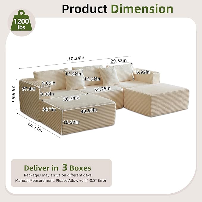 110" Modular Sectional Couch with 2 Movable Ottoman, Cloud Sofa Couches for Living Room, U Shaped Deep Seat Boneless Sofa,Luxury Corduroy Fabric, No Assembly Required White