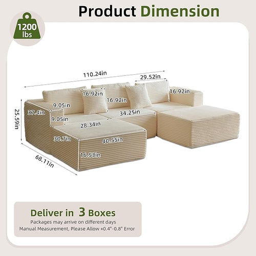 110" Modular Sectional Couch with 2 Movable Ottoman, Cloud Sofa Couches for Living Room, U Shaped Deep Seat Boneless Sofa,Luxury Corduroy Fabric, No Assembly Required White