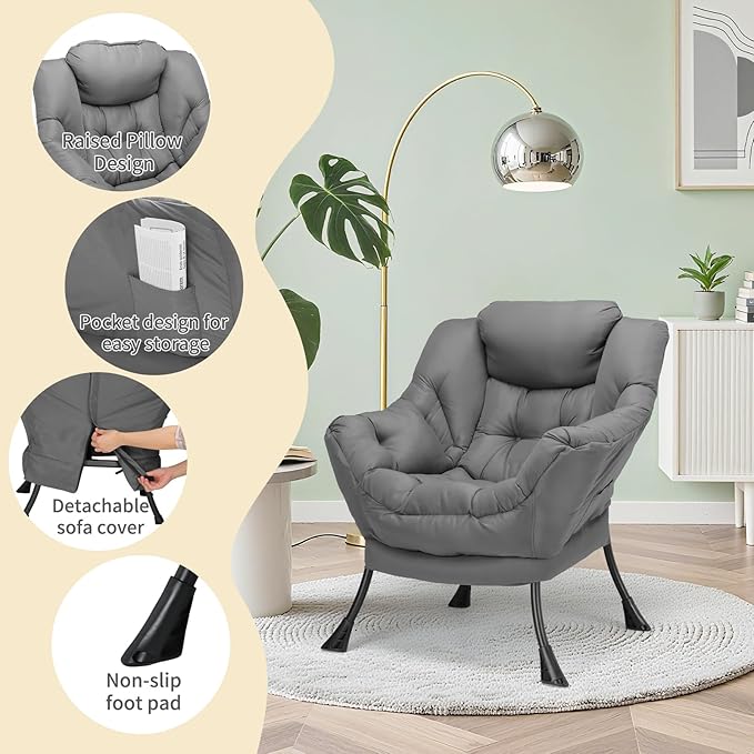 TLSUNNY Lazy Chair, Modern Comfy Lounge Accent Chair, Large Sofa Armchair with a Side Pocket, Leisure Reading Chair for Bedroom, Living Room, Dorm (Dark Grey)
