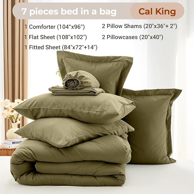 MUXHOMO 7 Pieces California King Comforter Set, Soft Bed in a Bag Cal King Size, All Season Bedding Set with Comforter, Flat Sheet, Fitted Sheet, Pillowcases & Shams, Olive Green