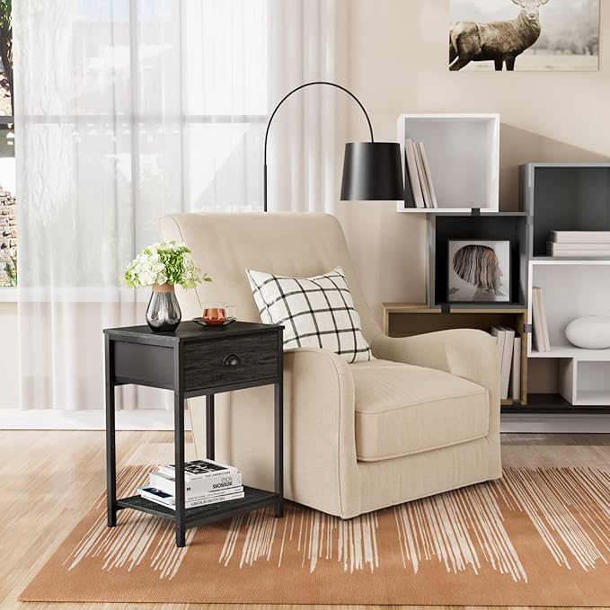 Furologee Nightstand with Fabric Drawer & Storage Shelf, Small Side Table for Small Space, 2 Tiers Industrial End Table for Living Room, Bedroom, Black Oak