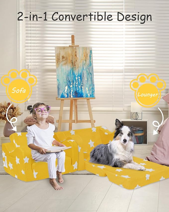 KokoSelene Toddler Couch, Kids Couch for Toddler Fold Out, 2-in-1 Convertible Kid Sofa to Lounger Bed for Girls and Boys, Ideal for Reading Sleeping Gaming Decor (Yellow)