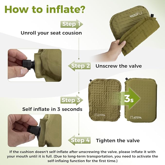 ATEPA Inflatable Seat Cushion, Self-Inflating Portable Stadium Airplane Travel Foam Cushion Pad for Camping, Sports Events, Outdoor