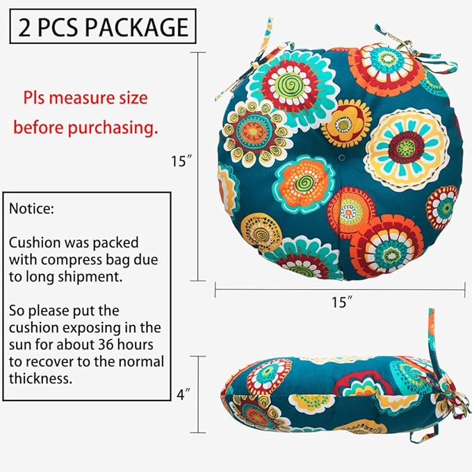 Magpie Fabrics Outdoor Round Bistro Seat Cushions with Ties, 15"x15"x4" Set of 2, Tufted Waterproof Barstool Chair Pads for Patio Home Garden Office, Floral Green