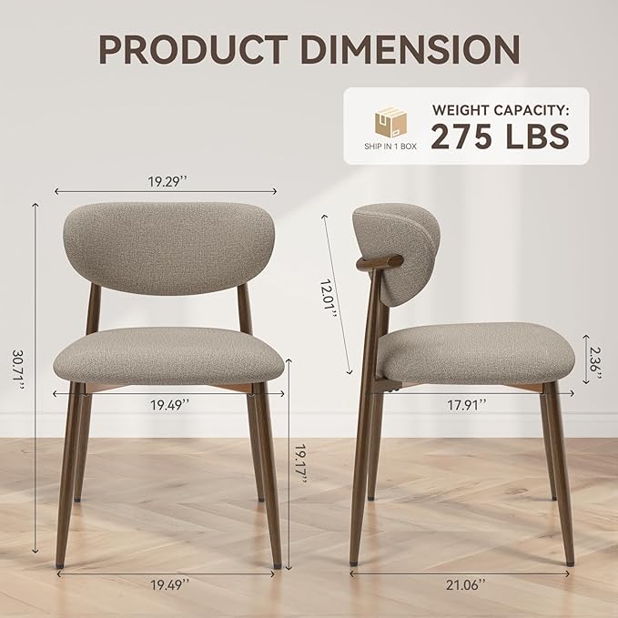 Dining Chairs Set of 2, Curved Back Kitchen Room Chairs with Metal Legs and Anti Slip Pads, Upholstered Dining Chair for Home and Restaurant, Camel