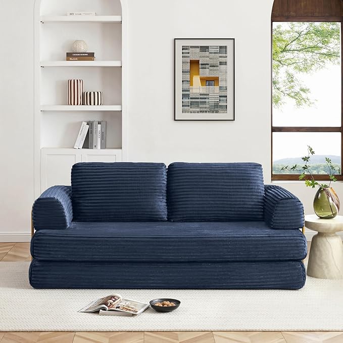 HANXIN 80 Inch Convertible Sleeper Sofa Bed, High Back Plush Corduroy Folding Floor Mattress Couch with Fixed-Shape Frame, Boneless Futon Loveseat with Pull Out Bed, No Assembly Required (Blue)