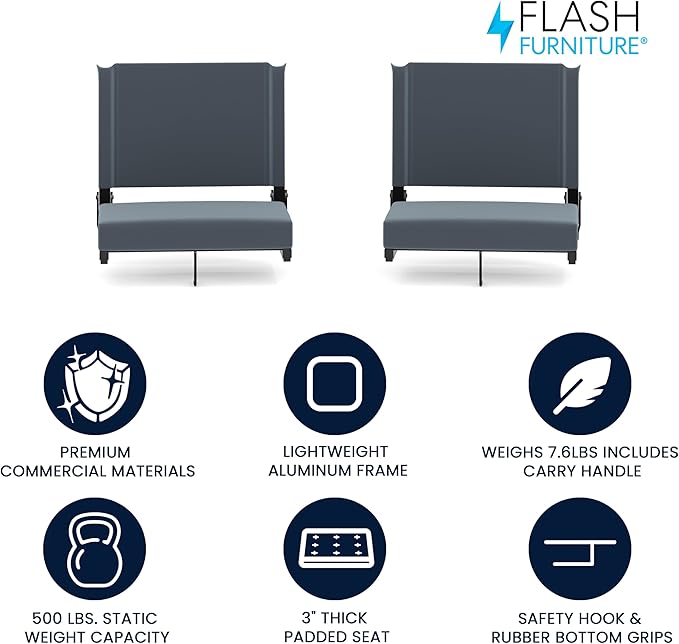 Flash Furniture Grandstand Portable Stadium Seats for Bleachers or Benches, Folding Padded Stadium Chairs with Handle, Pack of 2, 500 lb. Weight Capacity, Dark Blue