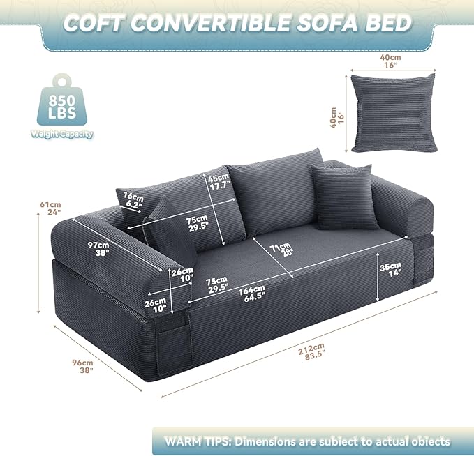 GJQ 83" Boneless Couches for Living Room,Corduroy 3 Seater Couch in a Box with 4 Pillows & Storage Pocket,Convertible Sleeper Sofa Bed Compressed Floor Sofa,Deep Gray