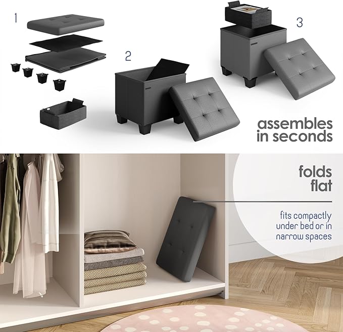 Storage Ottoman Cube with Small Bin, 16-in Square Ottoman with Storage for Living Room and Bedroom, Small Ottomans Foot Rest, Faux Leather Foot Stools Ottomans Max 330lbs, Grey