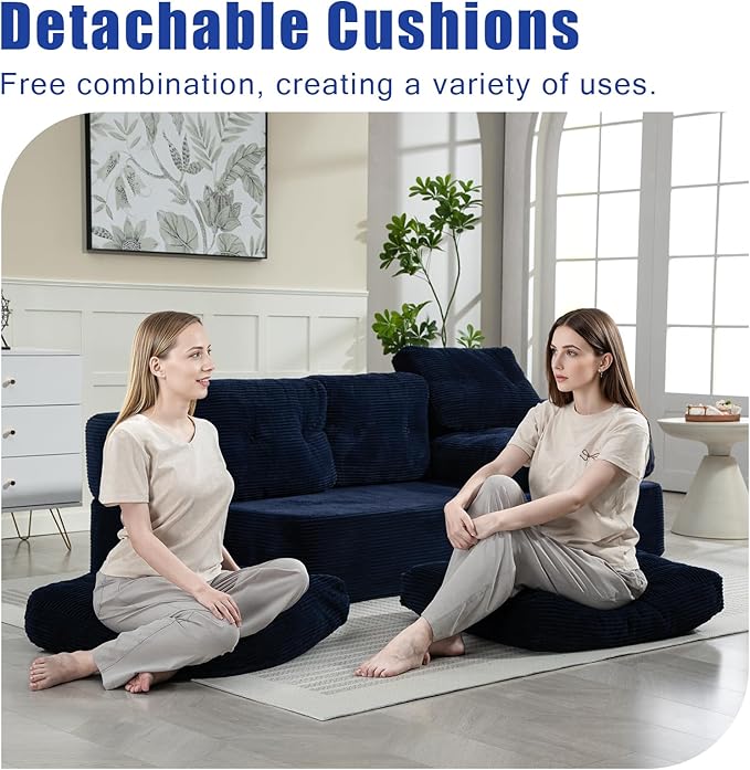 MeMoreCool Convertible Floor Sofa Couch – 3-Seater Sleeper with Tufted Cushions, Navy Corduroy Modular Foam | Cloud Couch for Living Room & Bedroom | No Assembly | Soft Ergonomic Support