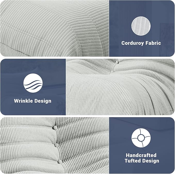Fireside Chair Corner Bean Bag Chair for Adults, Modern Corduroy Fabric Caterpillar Sofa Couch, Lazy Floor Sofa Armless Foam Couch Lounger Tatami Recliner for Living Room Bedroom Dorm Office