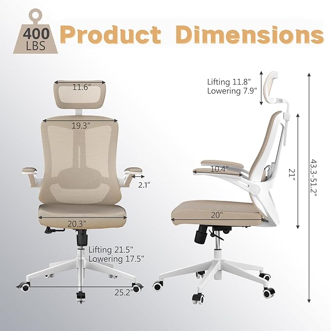 Ergonomic Office Chair - 400LB Comfy Desk Chairs with Adjustable Headrest and Lumbar Back Support, Mesh Computer Chairs with Wheels and Arms for Home Office, Study (Khaki-with Headrest)