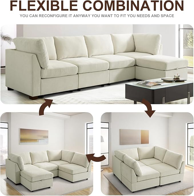 EDILLY 122 inches Oversized Modular Sectional Fabric Cloud Sofa Set, Extra Large L Shaped Couch Reversible Chaise Couch,4 Seat Modular Sofa, Beige