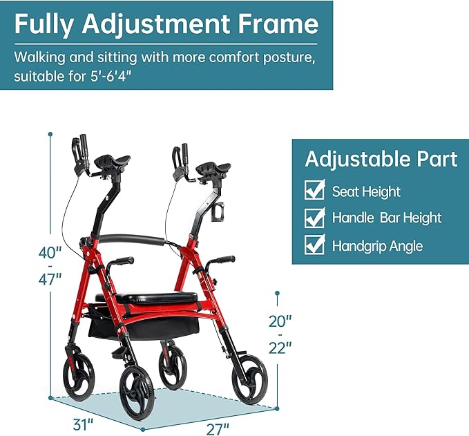 ELENKER Heavy Duty Upright Walker with Extra Wide Padded Seat and Backrest, Aluminum Bariatric Stand Up Rolling Walker, 10” Wheels, Fully Adjustment Frame, Support up to 500 lbs for Seniors, Red