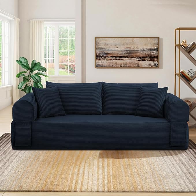 83" Sofa in a Box, 3 Seater Couch No Assembly Boneless Sofa Bed with Cushion Back 2 Matching Pillows Deep Seat Corduroy Fabric Side Storage Pockets for Living Room, Bedroom, Apartment, Office, Blue