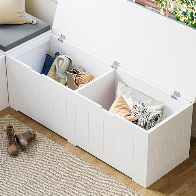 L-Shaped Corner Storage Bench Compartments & Cushioned Seat, Kitchen Breakfast Nook Bench with Hidden Storage, Wood Flip-Top Shoe Benches for Entryway Cloakroom, White & Grey