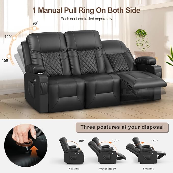 FURNIMAT Recliner Sofa Set with 3+1+1 Pieces in Living Room, 3 Seater Reclining Sofa with USB Ports, Cell Phone Holders, 2 Recliner Chairs with Vibration Massage and Heat Single Sofa Seat, Bedroom, RV