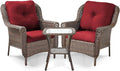 ACTREST 3 Piece Patio Brown Wicker Chairs with Side Table - Outdoor High Back Heavy Duty All-Weather Lawn Dining Rattan Chair Conversation Bistro Set for Deck Porch Balcony Backyard Garden - Red