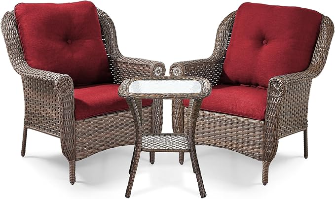 ACTREST 3 Piece Patio Brown Wicker Chairs with Side Table - Outdoor High Back Heavy Duty All-Weather Lawn Dining Rattan Chair Conversation Bistro Set for Deck Porch Balcony Backyard Garden - Red