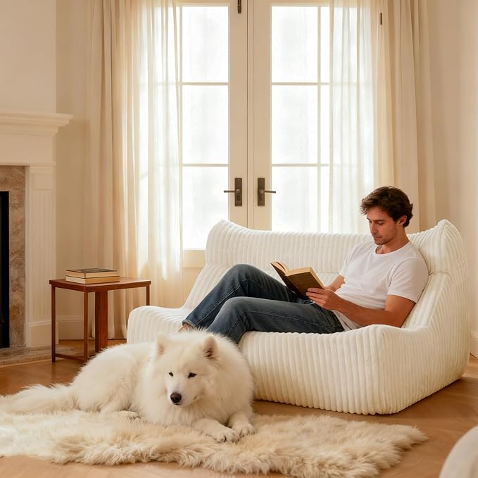 Bean Bag Chairs, Giant Bean Bag Chair for Adults, Memory Foam Lounge Chair, Comfy Lazy Floor Chair, Bean Bag Sofa for Living Room, Bedroom and Office, Loveseat Bean Bag (White)