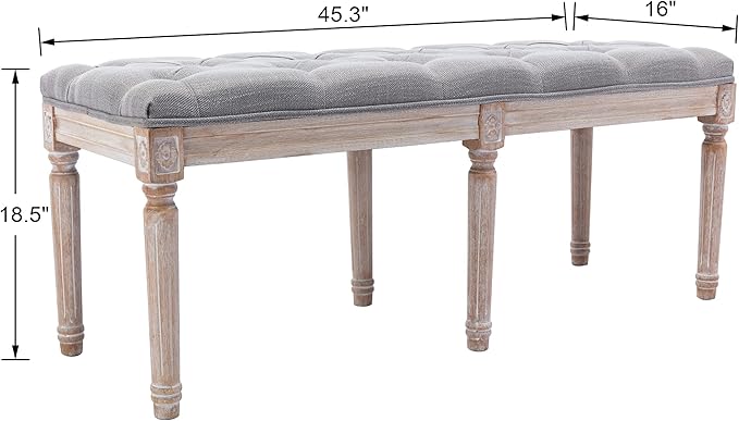 DM Furniture Farmhouse Dining Bench 48" Long Vintage Tufted Bench with Wood Legs Upholstered Entryway Bench Fabric End of Bed Bench for Bedroom Living Room Hallway, Grey